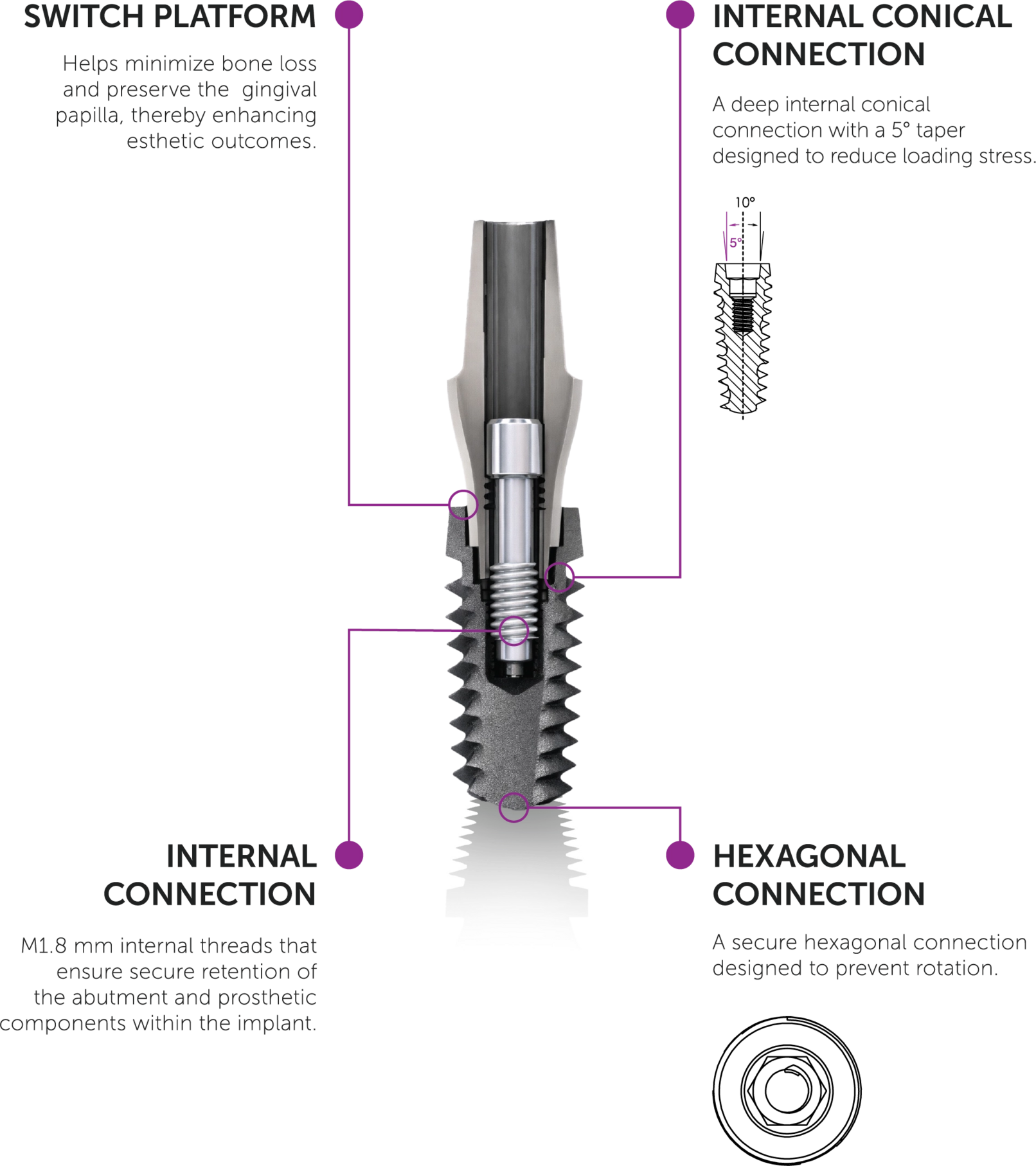 Implant–abutment connection: switch platform, internal conical connection, internal connection and hexagonal connection